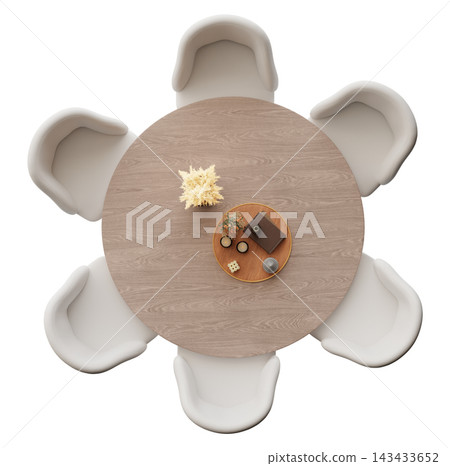 A round dining table surrounded by five chairs. A small centerpiece is placed on the table. The setting is isolated on a clear background for design A round dining table surrounded by five chairs. A small centerpiece is placed on the table. The setting is isolated on a clear background for design 143433652