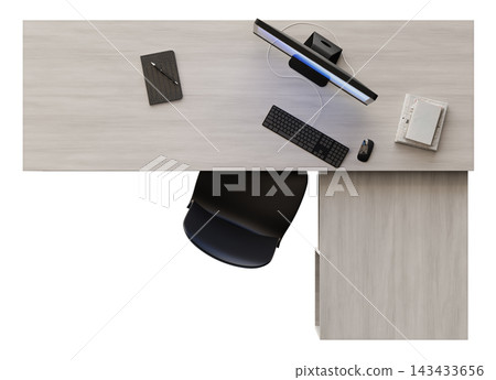 A top view of a modern desk showing a computer with a black keyboard and mouse. A notebook and pen are placed nearby, with an empty chair beside the A top view of a modern desk showing a computer with a black keyboard and mouse. A notebook and pen are placed nearby, with an empty chair beside the 143433656