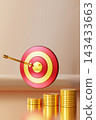 A 3D target with a golden arrow hits the center, surrounded by stacks of gold coins. The background is minimal, showcasing the finance theme in clear 143433663