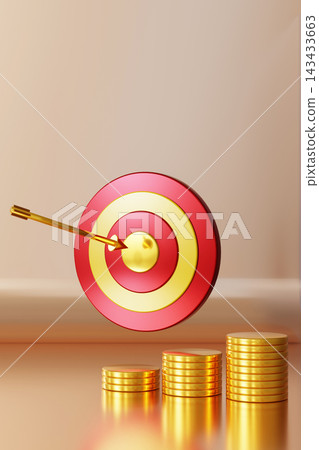 A 3D target with a golden arrow hits the center, surrounded by stacks of gold coins. The background is minimal, showcasing the finance theme in clear A 3D target with a golden arrow hits the center, surrounded by stacks of gold coins. The background is minimal, showcasing the finance theme in clear 143433663