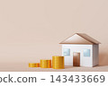 A house model stands next to stacks of gold coins. This setup represents financial concepts and savings. The background is plain with ample copy 143433669