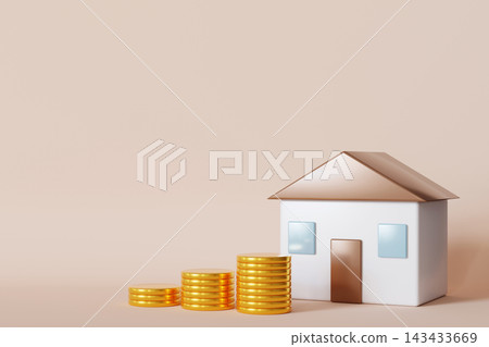 A house model stands next to stacks of gold coins. This setup represents financial concepts and savings. The background is plain with ample copy A house model stands next to stacks of gold coins. This setup represents financial concepts and savings. The background is plain with ample copy 143433669