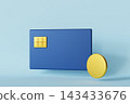A blue credit card is placed against a light blue backdrop alongside a shiny gold coin. There is ample space around the objects for text or design 143433676