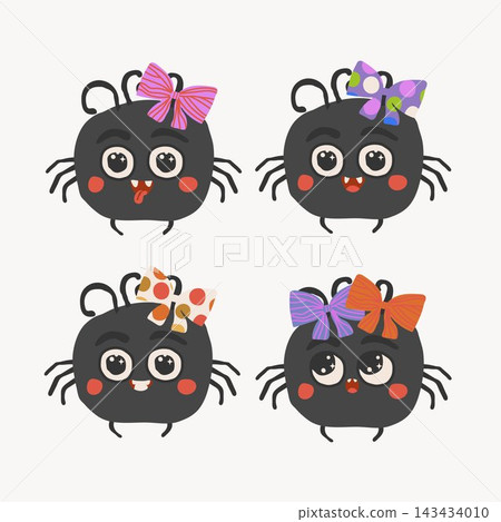 Cute Halloween spiders with colorful bows isolated on white vector illustration 143434010