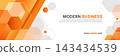Modern business banner with orange hexagons, geometric layers, gray accents, white background, clean typography, website text, and contemporary corporate vector layout. 143434539