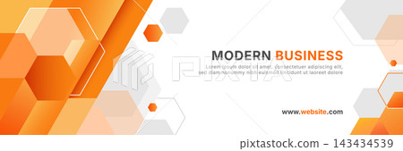 Modern business banner with orange hexagons, geometric layers, gray accents, white background, clean typography, website text, and contemporary corporate vector layout. 143434539