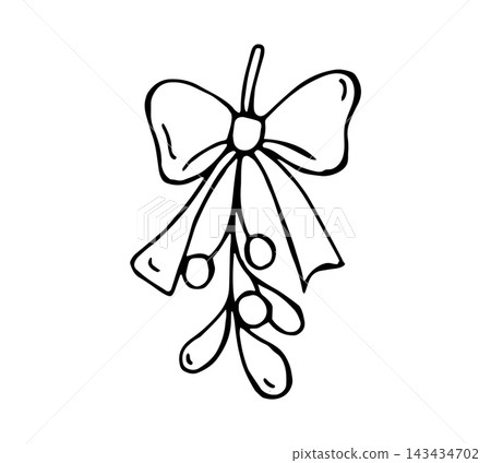 Hand Drawn Doodle Mistletoe with Bow Outline Illustration, Christmas Kiss Decoration Icon Isolated on White Hand Drawn Doodle Mistletoe with Bow Outline Illustration, Christmas Kiss Decoration Icon Isolated on White 143434702