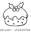 Hand Drawn Doodle Christmas Pudding with Holly Leaves and Berries Outline Illustration, Holiday Dessert Icon 143434704