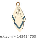 Flat Kitchen Towel with Blue Stripes Hanging on Ring, Cream Hand Towel Illustration Isolated on White 143434705