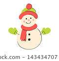 Hand Drawn Cute Christmas Snowman in Red Scarf, Green Hat and Mittens, Winter Holiday Character Illustration Isolated 143434707