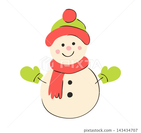 Hand Drawn Cute Christmas Snowman in Red Scarf, Green Hat and Mittens, Winter Holiday Character Illustration Isolated Hand Drawn Cute Christmas Snowman in Red Scarf, Green Hat and Mittens, Winter Holiday Character Illustration Isolated 143434707