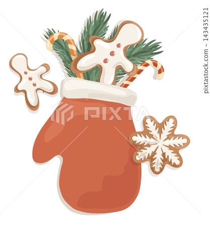 Flat lay Christmas mitten with gingerbread man cookie and candy cane isolated on background. Cozy winter holiday sweet food vector illustration Flat lay Christmas mitten with gingerbread man cookie and candy cane isolated on background. Cozy winter holiday sweet food vector illustration 143435121