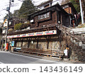 群馬縣志摩溫泉的城鎮景觀，兩旁林立著木製旅館。 143436149