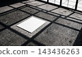 Single white blank paper mockup sheet centered on a dark gridded concrete floor tile with concrete geometric sunlight dramatic presentation stationery branding identity template corporate 143436263