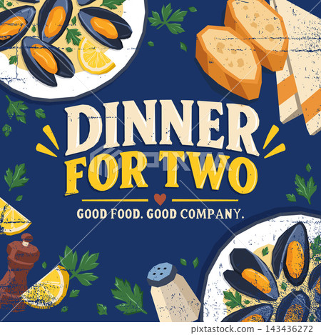 Dinner for Two Mussels with Garlic Bread Restaurant Poster Dinner for Two Mussels with Garlic Bread Restaurant Poster 143436272