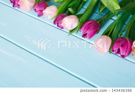 Fresh tulips in various colors laid out on a light blue wooden surface. The flowers show different shades and are suitable for decoration, gifting, or special occasions. Fresh tulips in various colors laid out on a light blue wooden surface. The flowers show different shades and are suitable for decoration, gifting, or special occasions. 143436398