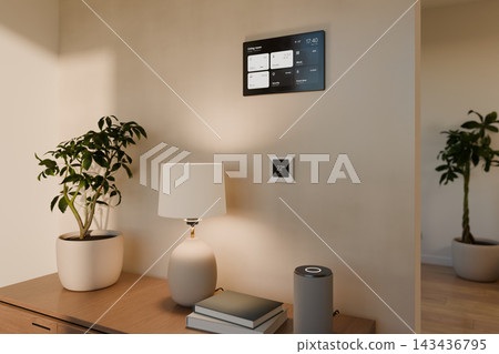 Smart home touchscreen panel and square thermostat on a sunlit wall above a sideboard with smart speaker and plant - 3D Rendering Smart home touchscreen panel and square thermostat on a sunlit wall above a sideboard with smart speaker and plant - 3D Rendering 143436795