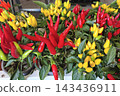 Colorful potted pepper plants displayed in a flower and plant shop, representing gardening, retail, natural beauty, seasonal decoration, and a vibrant botanical shopping experience. 143436911