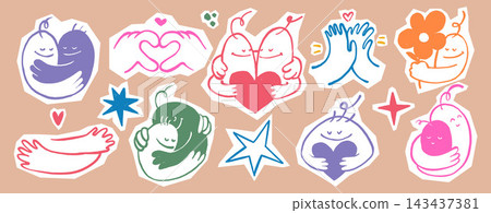 Colorful friendship scrapbook sticker set. Playful hand drawn hugs, happy characters, high fives and loving gestures. Bright cute cutout doodles in cheerful kids colors, perfect for journaling, crafts Colorful friendship scrapbook sticker set. Playful hand drawn hugs, happy characters, high fives and loving gestures. Bright cute cutout doodles in cheerful kids colors, perfect for journaling, crafts 143437381
