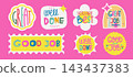 Colorful kids motivational reward sticker set with cheerful hand drawn lettering, positive phrases Good Job, Well Done, Great. Fun encouragement stickers for teachers, school, homework, learning. 143437383