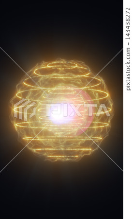 Glowing golden energy sphere with concentric light rings and a brilliant core floating against a dark background. Glowing golden energy sphere with concentric light rings and a brilliant core floating against a dark background. 143438272