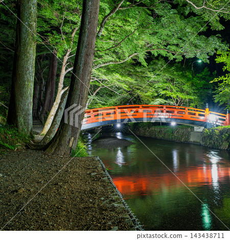 (1:1)靜岡縣森町小國神社內清澈的溪流夜景,以及燈光璀璨的紅色橋樑(靜岡縣) (1:1)靜岡縣森町小國神社內清澈的溪流夜景,以及燈光璀璨的紅色橋樑(靜岡縣) 143438711