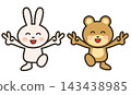 Cute animal character illustrations of a rabbit and a bear making double peace signs in joy. 143438985