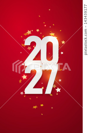 2027 Red Happy New Year Greeting Banner. Christmas Banner with Glitter Numbers date 2026 on Festive Background. 143439177