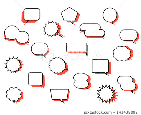 A set of hand-drawn speech bubble illustrations, including circles with red shadows, cloud shapes, spikes, and more. A set of hand-drawn speech bubble illustrations, including circles with red shadows, cloud shapes, spikes, and more. 143439892