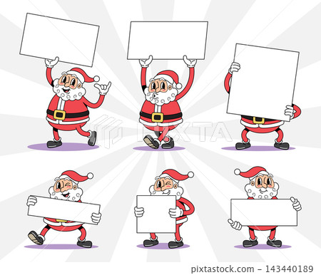 Santa claus retro 1930s style rubber hose cartoon characters set for Christmas design, featuring holding empty blank signs for promotional text. Vector illustration. Santa claus retro 1930s style rubber hose cartoon characters set for Christmas design, featuring holding empty blank signs for promotional text. Vector illustration. 143440189