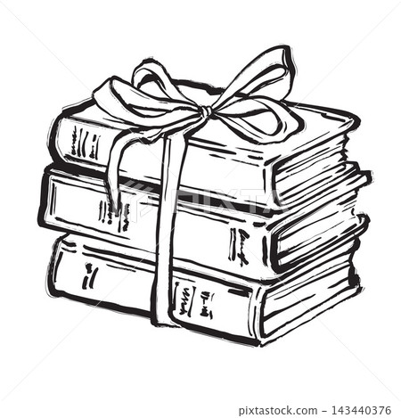 Book doodle for library and vintage literature lovers, a pile of old volumes tied with a ribbon bow. Book doodle for library and vintage literature lovers, a pile of old volumes tied with a ribbon bow. 143440376