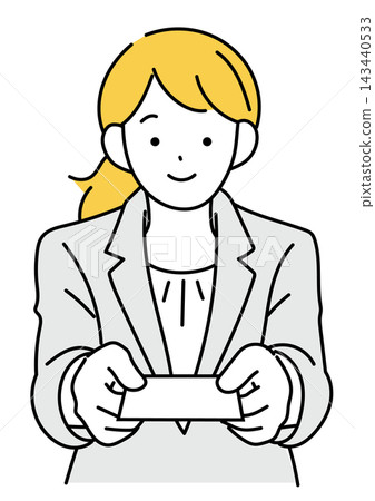 Illustration of a female office worker handing out her business card Illustration of a female office worker handing out her business card 143440533