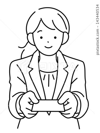 Illustration of a female office worker handing out her business card Illustration of a female office worker handing out her business card 143440534
