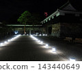 The lights of the signposts illuminate the castle gate and stone walls at night. 143440649