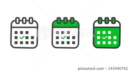 Calendar icon set with green checkmark vector illustration for scheduling, task completion, deadline tracking, time management and event planning 143440742