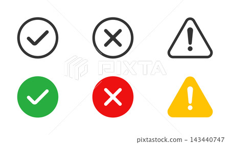 Vector collection of checkmark, cross, and exclamation point warning icons in black outline and green, red, and yellow solid flat circle designs Vector collection of checkmark, cross, and exclamation point warning icons in black outline and green, red, and yellow solid flat circle designs 143440747