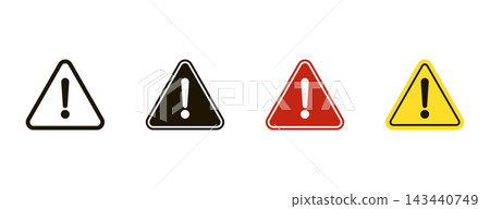 Set of warning triangle signs with exclamation marks in different color variations including yellow, red, black, and outline icons. 143440749