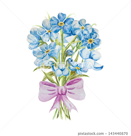 A bouquet of forget-me-nots, myosotis, scorpion grass, hand painted with watercolors and isolated on white background. Flower wreath. Suitable for postcards, invitations, wedding, prints, packaging 143440870