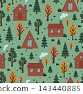Seamless pattern with brown forest houses and trees, vector background featuring cozy wooden houses in an autumn forest. 143440885