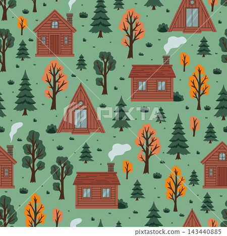 Seamless pattern with brown forest houses and trees, vector background featuring cozy wooden houses in an autumn forest. Seamless pattern with brown forest houses and trees, vector background featuring cozy wooden houses in an autumn forest. 143440885
