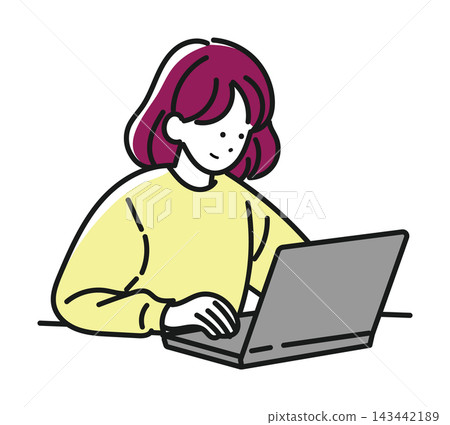 A woman wearing a yellow sweater is using a laptop. A woman wearing a yellow sweater is using a laptop. 143442189