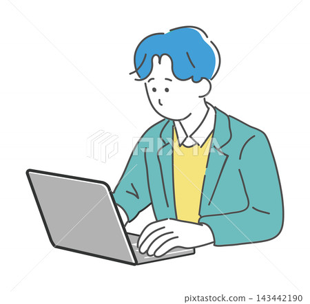 A man with blue hair and wearing a blue-green jacket is working on his computer. 143442190