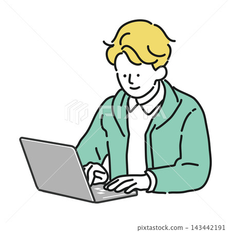 A blond man in a green jacket working on his computer. A blond man in a green jacket working on his computer. 143442191