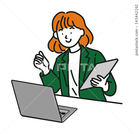 A woman holding documents and gesturing in front of a laptop. A woman holding documents and gesturing in front of a laptop. 143442192