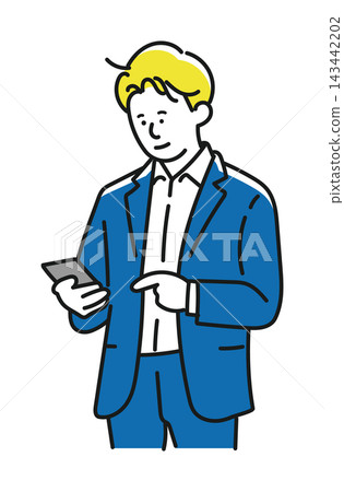 A man in a blue suit operating a smartphone A man in a blue suit operating a smartphone 143442202
