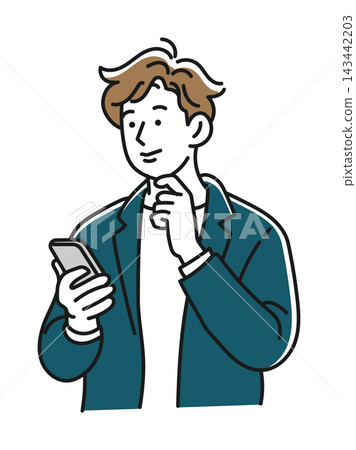 A man holding a smartphone with his hand on his chin. A man holding a smartphone with his hand on his chin. 143442203
