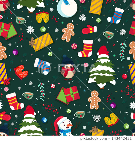 Green Seamless Pattern With Christmas Elements Green Seamless Pattern With Christmas Elements 143442431