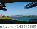 Riverside park view from beneath a bridge toward distant mountains and city 143442665