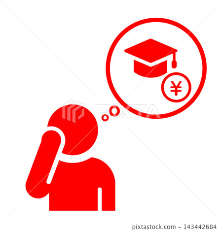 A pictogram (in red) showing a person worried about education costs, a graduation cap, and a yen symbol. 143442684