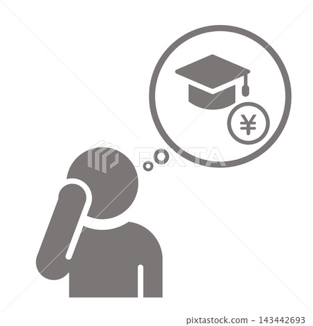 A pictogram (gray) showing a person worried about education costs, a graduation cap, and a yen symbol. 143442693